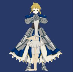 Rule 34 | 1girl, ahoge, armor, armored dress, artoria pendragon (all), artoria pendragon (fate), blonde hair, blue theme, cane, crossover, dress, excalibur (fate/stay night), excalibur (soul eater), fate/stay night, fate (series), faulds, flat color, gauntlets, green eyes, hair ribbon, hands on hilt, hat, mos 194, name connection, no lineart, parody, ribbon, saber (fate), simple background, soul eater, top hat