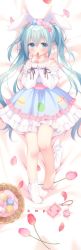 Rule 34 | 1girl, animal ears, bare shoulders, barefoot, basket, bed sheet, blue eyes, blue skirt, blush, bobby socks, bow, closed mouth, commentary request, dakimakura (medium), easter, easter egg, egg, flower, frilled skirt, frills, green hair, hair bow, hands up, heart, highres, long hair, long sleeves, looking at viewer, lying, no shoes, off-shoulder shirt, off shoulder, on back, original, petals, pink bow, pink flower, piyodera mucha, puffy long sleeves, puffy sleeves, rabbit ears, red flower, sample watermark, shirt, single sock, skirt, sleeves past wrists, smile, socks, solo, tulip, twintails, unworn socks, very long hair, watermark, white shirt, white socks