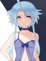 Rule 34 | 1girl, ahoge, alternate costume, bare shoulders, blue hair, choker, commentary, english commentary, highres, lingerie, long hair, looking at viewer, navel, neptune (series), no bra, off shoulder, paid reward available, power symbol, power symbol-shaped pupils, red eyes, short hair with long locks, solo, symbol-shaped pupils, underwear, white heart (neptunia), zatsu