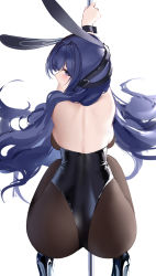 Rule 34 | 1girl, absurdres, an yasuri, animal ears, ass, azur lane, back, backless leotard, bare shoulders, black footwear, black leotard, blue eyes, blue hair, breasts, brown pantyhose, fake animal ears, from behind, heart, heart-shaped pupils, high heels, highleg, highleg leotard, highres, large breasts, leotard, long hair, looking at viewer, looking back, new jersey (azur lane), new jersey (exhilarating steps!) (azur lane), official alternate costume, pantyhose, playboy bunny, pole, pole dancing, profile, rabbit ears, simple background, solo, squatting, strapless, strapless leotard, stripper pole, symbol-shaped pupils, very long hair, white background, wrist cuffs