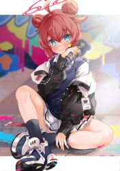Rule 34 | 1girl, absurdres, ahoge, black jacket, blue archive, blue eyes, blue footwear, blue necktie, blue sweater vest, blush, can, collared shirt, crossed legs, double bun, eyelashes, full body, graffiti, hair between eyes, hair bun, halo, highres, holding, holding can, hood, hooded jacket, id card, jacket, jacket partially removed, letterboxed, long sleeves, looking at viewer, maki (blue archive), multicolored clothes, multicolored footwear, multicolored jacket, necktie, open clothes, open jacket, paint on clothes, paint splatter, paint splatter on face, panties, pleated skirt, puffy sleeves, red hair, shiromoca, shirt, shoes, skirt, sneakers, solo, spray can, spray paint, sunlight, sweater vest, tongue, tongue out, two-tone jacket, underwear, white footwear, white jacket, white panties, white shirt, white skirt
