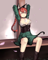 Rule 34 | 1girl, 463 jun, animal ears, arms behind head, arms up, braid, breasts, cat ears, cat tail, choker, cleavage, collarbone, corset, dress, green dress, highres, kaenbyou rin, large breasts, long hair, one eye closed, petals, red eyes, red hair, sitting, solo, tail, touhou, twin braids, underbust, wink