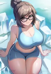 Rule 34 | 1girl, absurdres, bike shorts, blue shorts, blue sports bra, breasts, brown eyes, brown hair, cleavage, closed mouth, collarbone, dated, gad the god, glasses, hair bun, highres, ice, large breasts, mei (overwatch), navel, overwatch, shorts, sitting, solo, sports bra, sportswear, thighs, twitter username
