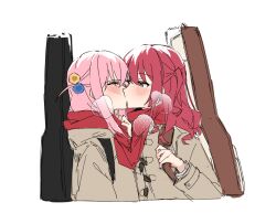 Rule 34 | 2girls, blush, bocchi the rock!, breath, closed eyes, coat, commentary request, cropped torso, cube hair ornament, danji bang, duffel coat, flat color, from side, gigbag, gotoh hitori, green eyes, guitar case, hair ornament, half updo, instrument case, kiss, kita ikuyo, korean commentary, long hair, looking at another, multiple girls, one side up, pink hair, profile, red hair, red scarf, scarf, simple background, sketch, upper body, white background, yuri