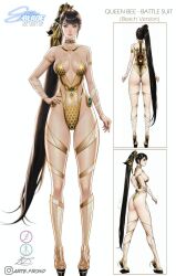 Rule 34 | 1girl, arte frond, ass, back, black hair, blunt bangs, bodysuit, breasts, brown eyes, character sheet, curvy, eve (stellar blade), from behind, from side, full body, high heels, honeycomb (pattern), large breasts, long hair, long legs, looking at viewer, multiple views, nail polish, ponytail, pumps, shoes, simple background, solo, standing, stellar blade, thick thighs, thighs, very long hair