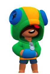 Rule 34 | 1boy, absurdres, barefoot, blue shorts, brawl stars, dark skin, green sweater, highres, leon (brawl stars), open mouth, red hair, shorts, solo, sweater, translation request