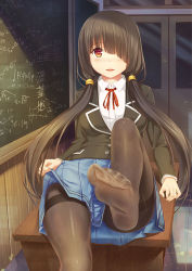 Rule 34 | 10s, 1girl, bad id, bad pixiv id, black hair, black pantyhose, blazer, blue skirt, blush, chalkboard, classroom, clothes lift, date a live, door, dress shirt, feet, foot focus, hair over one eye, hair tie, heart, heart-shaped pupils, highres, indoors, jacket, lectern, leg up, lifted by self, long hair, long sleeves, looking at viewer, low twintails, math, neck ribbon, pantyhose, parted lips, pleated skirt, red eyes, red ribbon, reflection, ribbon, school, school uniform, shirt, sitting, skirt, skirt lift, smile, soles, solo, symbol-shaped pupils, thighband pantyhose, tile floor, tiles, tokisaki kurumi, tongue, twintails, upskirt, very long hair, white shirt, wooden wall, yizhirenben