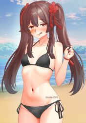 Rule 34 | 1girl, :q, absurdres, aslaa, bare shoulders, beach, bikini, black bikini, blue sky, blush, brown hair, cloud, commentary, cowboy shot, day, genshin impact, halterneck, hand up, highres, hu tao (genshin impact), long hair, looking at viewer, nail polish, navel, no headwear, outdoors, red eyes, red nails, side-tie bikini bottom, sky, solo, standing, stomach, swimsuit, tongue, tongue out, twintails, very long hair, water