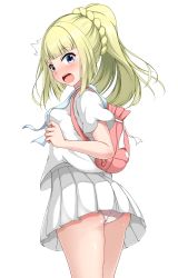 Rule 34 | 1girl, :o, ^^^, absurdres, alternate eye color, ass, backpack, bag, blonde hair, blue eyes, blunt bangs, blush, breasts, commentary request, cowboy shot, creatures (company), from behind, game freak, highres, lillie (pokemon), long hair, looking at viewer, looking back, miniskirt, nintendo, nyako (hitsuzineko3), open mouth, panties, pantyshot, pleated skirt, pokemon, pokemon sm, ponytail, shirt, short sleeves, skirt, small breasts, solo, standing, thighs, underwear, upskirt, white panties, white shirt, white skirt