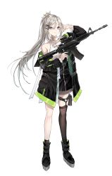 Rule 34 | 1girl, arm up, bare shoulders, black coat, black footwear, black skirt, black thighhighs, blue eyes, boots, buckle, closed mouth, coat, commentary, detached collar, full body, gun, hair between eyes, hair ornament, hairclip, high-waist skirt, high ponytail, highres, holding, holding gun, holding weapon, knee boots, long hair, looking at viewer, off shoulder, open clothes, open coat, original, platform footwear, pouch, sakippo (sakippo0), see-through, sidelocks, silver hair, simple background, single thighhigh, skirt, solo, standing, thigh pouch, thighhighs, trigger discipline, weapon, weapon request, white background