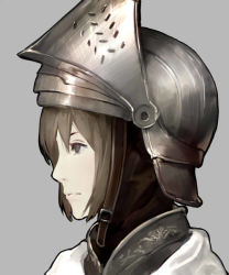 Rule 34 | 1girl, armor, bad id, bad twitter id, brown hair, closed mouth, commentary request, from side, grey background, grey eyes, km yama, original, portrait, profile, short hair, simple background, solo, visor (armor), visor lift
