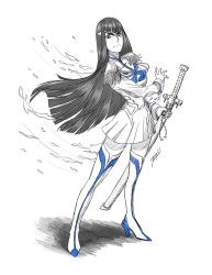 Rule 34 | 10s, 1girl, bakuzan, black hair, boots, dress, epaulettes, frown, full body, highres, junketsu, kill la kill, kiryuuin satsuki, long hair, md5 mismatch, partially colored, ranh, serious, solo, standing, sword, thigh boots, thighhighs, weapon