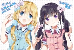 Rule 34 | 2girls, :d, alternate hairstyle, blend s, blonde hair, blue bow, blue dress, blue eyes, blunt bangs, bow, collared dress, diagonal stripes, dot nose, dress, fingernails, hair between eyes, hair bow, hair ornament, hair over shoulder, hairstyle switch, hand in own hair, hands up, hinata kaho, long hair, looking at viewer, low twintails, multiple girls, nakayama miyuki, open mouth, pink bow, pink dress, polka dot, polka dot background, polka dot bow, pom pom (cheerleading), puffy short sleeves, puffy sleeves, purple hair, sakuranomiya maika, short sleeves, smile, striped bow, striped clothes, striped dress, tareme, tsurime, twintails, uniform, upper body, waitress