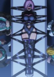 Rule 34 | 1girl, 4boys, bdsm, blindfold, bondage, bound, drooling, fate/extra, fate/grand order, fate (series), gag, gagged, heavy breathing, highres, jacket, leather, leather belt, leather jacket, legbinder, mash kyrielight, multiple boys, purple hair, ring gag, saliva, short hair, straitjacket