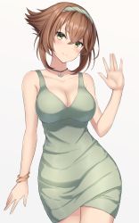 Rule 34 | 1girl, alternate costume, anchor necklace, blush, bracelet, breasts, brown hair, cleavage, closed mouth, collarbone, cowboy shot, crossed bangs, dress, green dress, green eyes, grey background, hair between eyes, head tilt, highres, jewelry, kantai collection, large breasts, monoku, mutsu (kancolle), necklace, short hair, simple background, smile, solo, v-neck, wide hips