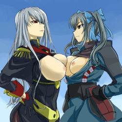 Rule 34 | 00s, 2girls, asymmetrical docking, bow, breast envy, breast press, breasts, brown eyes, edy nelson, gloves, grey hair, hair bow, hand on own hip, hip focus, large breasts, long hair, michael f91, military, military uniform, multiple girls, nipples, open clothes, open shirt, pantyhose, red eyes, selvaria bles, senjou no valkyria, senjou no valkyria (series), senjou no valkyria 1, shirt, twintails, uniform