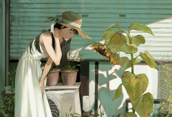 Rule 34 | 1girl, absurdres, adjusting hair, air conditioner, black hair, closed eyes, closed mouth, day, dress, flower, hand up, hat, highres, long hair, matsuura kento, original, outdoors, plant, potted plant, shadow, solo, straw hat, summer, sun hat, sundress, sunflower, white dress, yellow flower