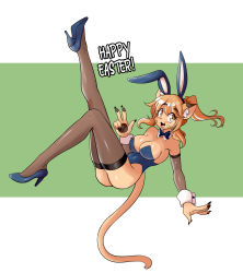 Rule 34 | 1girl, :3, animal ears, ass, breasts, cat ears, cat girl, cat tail, covered navel, detached collar, fake animal ears, fang, full body, furry, goya (lucyfer), happy, happy easter, high heels, highleg, highleg leotard, highres, large breasts, leg up, leotard, long hair, looking at viewer, lucyfer, nail polish, navel, original, playboy bunny, ponytail, rabbit ears, shiny clothes, shiny skin, simple background, smile, solo, tail, thighhighs, thong leotard, v