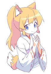 Rule 34 | 1girl, animal ears, blonde hair, blue eyes, blush, closed mouth, cropped torso, fox ears, fox girl, fox tail, hands up, highres, japanese clothes, kimono, long hair, long sleeves, looking at viewer, obi, original, ponytail, ribbon-trimmed sleeves, ribbon trim, roku no hito, sash, simple background, smile, solo, steepled fingers, tail, upper body, white background, white kimono, wide sleeves