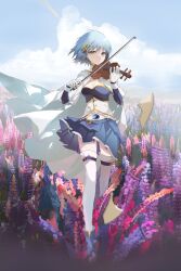Rule 34 | 1girl, absurdres, ankle boots, blue eyes, blue footwear, blue hair, blue skirt, blue sky, boots, bow (music), breasts, cape, cloud, elbow gloves, field, flower, flower field, fortissimo, gloves, hair ornament, highres, holding instrument, holding violin, hyacinth, instrument, looking afar, looking at viewer, magical girl, mahou shoujo madoka magica, mahou shoujo madoka magica (anime), mahou shoujo madoka magica movie 1 &amp; 2, mazinisang, medium breasts, midriff, miki sayaka, music, musical note, musical note hair ornament, playing instrument, short hair, skirt, sky, solo, soul gem, thighhighs, thighs, violin, white cape, white gloves, white thighhighs, wind, wind lift, zettai ryouiki