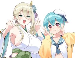 Rule 34 | 2girls, aqua hair, beret, blue eyes, blue hair, blush, breasts, closed mouth, crossed bangs, detached sleeves, double-parted bangs, double middle finger, double v, excel iruka, green hakama, hair between eyes, hakama, hakama skirt, hat, highres, hip vent, indie virtual youtuber, jacket, japanese clothes, kosode, lace-trimmed sleeves, lace trim, large breasts, looking at viewer, middle finger, multiple girls, nanamiya nako, nontraditional miko, red eyes, sailor collar, sailor shirt, shirt, short hair, side ponytail, sideboob, sideless kimono, sidelocks, simple background, skirt, smile, v, virtual youtuber, white background, white headwear, wide sleeves, yamasaki natsuki, yellow jacket