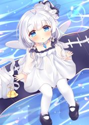 Rule 34 | 1girl, ahoge, azur lane, bag, bell, black footwear, blue eyes, blush, child, choker, dress, fairy wings, fake wings, from above, hat, highres, hiyada yuu, jewelry, little illustrious (azur lane), long hair, looking up, low twintails, mary janes, open mouth, outdoors, pantyhose, pendant, shoes, short dress, silver hair, sitting, solo, twintails, water, white dress, white hat, white pantyhose, wings