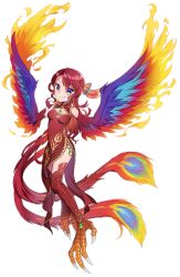 Rule 34 | 1girl, anklet, artist request, bare shoulders, bird legs, bird tail, blue eyes, braid, breasts, dress, fang, feather hair ornament, feathered wings, feathers, fiery wings, full body, game cg, gradient eyes, green eyes, hair ornament, harpy, jewelry, long hair, monster girl, monster musume no iru nichijou, monster musume no iru nichijou online, multicolored eyes, multicolored wings, multiple tails, nan que (monster musume), official art, red dress, red hair, side braid, side slit, sleeveless, sleeveless dress, small breasts, solo, tachi-e, tail, talons, transparent background, two tails, winged arms, wings