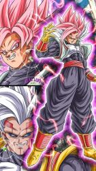 abs armor aura baby_vegeta belt blue_eyes blue_sclera bodysuit colored_sclera cosplay dragon_ball dragon_ball_gt dragon_ball_super earrings energy evil_smile fusion gloves goku_black goku_black_(cosplay) hair_between_eyes highres jewelry long_sleeves male_focus multicolored_hair muscular muscular_male parasite pectorals pink_eyes pink_hair possessed potara_earrings purple_aura red_belt shoulder_armor sidelocks smile super_saiyan two-tone_hair white_hair yeak_looi_art yellow_footwear yellow_gloves