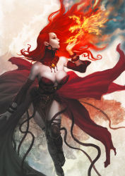 Rule 34 | 1girl, bare shoulders, breasts, cleavage, defense of the ancients, detached sleeves, dota (series), dress, earrings, female focus, fire, highres, jewelry, large breasts, lina (defense of the ancients), long hair, red dress, red hair, sandals, sleeveless, solo