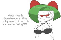 Rule 34 | 1girl, anger vein, annoyed, asymmetrical hair, bare shoulders, black bra, bra, breasts, cleavage, clothed pokemon, colored skin, creatures (company), cropped torso, english text, female focus, frilled bra, frills, game freak, gen 3 pokemon, green hair, half-closed eyes, kirlia, large breasts, nintendo, open mouth, pokemon, pokemon (creature), red eyes, short hair, simple background, solo, talking, text focus, underwear, underwear only, upper body, vilepluff, white background, white skin