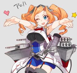 Rule 34 | 1girl, blue skirt, blush, breast pocket, breasts, cowboy shot, drill hair, closed eyes, garter straps, grey background, head tilt, headgear, heart, honolulu (kancolle), kantai collection, kusanagi tonbo, large breasts, long hair, machinery, multicolored clothes, one eye closed, open mouth, outstretched arms, pocket, rigging, sidelocks, simple background, skirt, sleeveless, sleeveless jacket, solo, star (symbol), translated, turret, twin drills