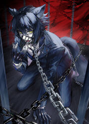 Rule 34 | 1boy, abstract background, absurdres, ahoge, animal ears, arknights, arm support, black gloves, black hair, black necktie, black suit, cage, chain, collared shirt, commentary, ear piercing, eyelashes, formal, full body, gloves, hand up, highres, in cage, kneeling, looking at viewer, male focus, muzzle, myluche, necktie, open mouth, piercing, pinstripe pattern, pinstripe suit, red background, shirt, solo, striped, suit, symbol-only commentary, tail, vigil (arknights), white shirt, wolf boy, wolf tail, yellow eyes