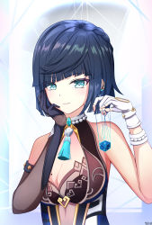 Rule 34 | 1girl, absurdres, artist name, asymmetrical gloves, blue gloves, blue hair, bob cut, bracelet, braid, breasts, choker, cleavage, commentary, diagonal bangs, dice, earrings, elbow gloves, genshin impact, gloves, green eyes, hand on own face, highres, jewelry, large breasts, looking at viewer, mole, mole on breast, short hair, solo, tassel, upper body, white background, white gloves, yelan (genshin impact), yeni1871