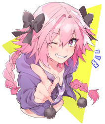 Rule 34 | 1boy, astolfo (fate), astolfo (memories at trifas) (fate), black bow, bow, cropped torso, fang, fate/grand order, fate (series), grin, hair bow, highres, hood, hood down, hooded jacket, index finger raised, jacket, long braid, long hair, looking at viewer, male focus, manami (fearfac666), multicolored eyes, multicolored hair, navel, notice lines, official alternate costume, one eye closed, pink hair, pointing, pointing at viewer, purple jacket, purple shirt, shirt, skin fang, smile, solo, streaked hair, striped clothes, striped shirt, trap, very long hair