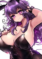 Rule 34 | 1girl, animal ears, armpits, bad id, bad twitter id, bare arms, bare shoulders, black leotard, breasts, closed mouth, commentary, english commentary, fake animal ears, hand up, highres, huge breasts, leotard, long hair, looking at viewer, messy hair, nyarla (osiimi), original, osiimi, pantyhose, playboy bunny, purple eyes, purple hair, rabbit ears, simple background, smile, solo, white background, wrist cuffs