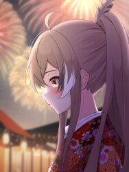 Rule 34 | 1girl, ahoge, architecture, blurry, blurry background, blush, brown eyes, brown hair, crossed bangs, east asian architecture, feather hair ornament, feathers, fireworks, from side, hair ornament, highres, hololive, hololive english, japanese clothes, kimono, lantern, long hair, looking down, multicolored hair, nanashi mumei, paper lantern, ponytail, red kimono, sairen, sky, star (sky), starry sky, streaked hair, very long hair, virtual youtuber, yukata