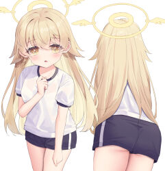 Rule 34 | 1girl, :o, ass, black shorts, blonde hair, blue archive, blush, breasts, brown eyes, commentary request, gym shirt, gym shorts, gym uniform, hair between eyes, hair flaps, halo, hand up, hifumi (blue archive), highres, long hair, looking at viewer, multiple views, parted lips, puffy short sleeves, puffy sleeves, satsuki yukimi, shirt, short shorts, short sleeves, shorts, simple background, small breasts, very long hair, white background, white shirt