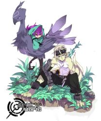 Rule 34 | bird, cuffs, furry, goggles, hood, hoodie, looking at viewer, lying, original, piadora (shirow), purple eyes, purple hair, shirow (crazy), simple background, sitting, tail, vambraces