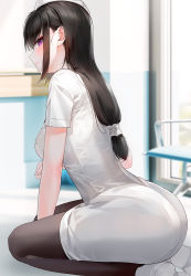 Rule 34 | 1girl, ass, black hair, black pantyhose, breasts, commentary, dress, from side, hat, highres, infirmary, kfr, long hair, looking at viewer, looking to the side, low-tied long hair, nurse, nurse cap, original, pantyhose, profile, purple eyes, scrunchie, seiza, shoes, short sleeves, sitting, solo, symbol-only commentary, white dress, white footwear, white hat, white uniform