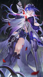Rule 34 | 1girl, acheron (honkai: star rail), bare shoulders, black background, black footwear, boots, breasts, chain, coat, commentary request, feet out of frame, highres, holding, holding sword, holding weapon, honkai: star rail, honkai (series), large breasts, leg tattoo, long hair, looking at viewer, midriff, navel, parted lips, purple eyes, purple hair, purple shorts, short shorts, shorts, solo, standing, sword, tattoo, thigh boots, thighs, very long hair, weapon, yin lan xue
