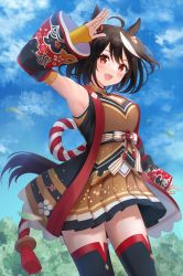Rule 34 | 1girl, ahoge, animal ears, armpits, black hair, blush, breasts, cleavage, commentary, detached sleeves, hair ornament, highres, horse ears, horse girl, horse tail, kirifrog, kitasan black (umamusume), looking at viewer, medium breasts, open mouth, red eyes, salute, sky, solo, tail, thighhighs, umamusume