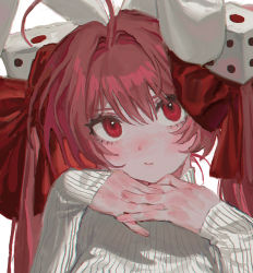 Rule 34 | 1girl, ahoge, animal ears, blush, bow, closed mouth, di gi charat, dice hair ornament, eyelashes, hair between eyes, hair bow, hair ornament, highres, interlocked fingers, long hair, long sleeves, looking at viewer, rabbit ears, red bow, red eyes, red hair, ribbed sweater, solo, sweater, turtleneck, turtleneck sweater, twintails, upper body, usada hikaru, white sweater, yatatashira