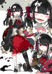 Rule 34 | 1girl, apron, bandages, black dress, black hair, black legwear, blunt bangs, blush, bow, breasts, closed eyes, closed mouth, dress, earrings, expressions, fangs, frilled dress, frills, hair bow, holding, jewelry, karei, laughing, long hair, long sleeves, looking at object, looking at viewer, maid, maid apron, maid headdress, medium breasts, mole, mole under eye, multiple views, neck ribbon, open mouth, original, red apron, red bow, red eyes, red ribbon, ribbon, sidelocks, sleeves past wrists, smile, standing, sweatdrop, virtual youtuber