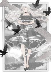 Rule 34 | 1girl, animal print, bare arms, bare legs, bird, bity3155660241, blunt bangs, border, bow, closed eyes, closed mouth, cloud, cloud print, collarbone, commentary request, crow, dress, dress bow, expressionless, eyelashes, fish print, floating hair, frilled sleeves, frills, full body, grey dress, grey footwear, grey sky, grey sleeves, interlocked fingers, lace, lace-trimmed dress, lace trim, leg ribbon, long hair, medium dress, original, outside border, own hands together, pleated dress, puffy short sleeves, puffy sleeves, ribbon, sample watermark, shoes, short sleeves, sky, sleeve bow, solo, star (sky), starry sky, starry sky print, straight-on, sun, very long hair, waist bow, watermark, whale, whale print, white border, white bow, white hair, white ribbon