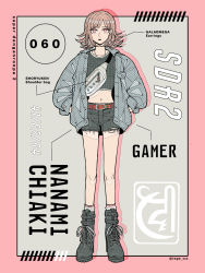 Rule 34 | 1girl, ankle boots, artist name, bag, belt, black shirt, black shorts, boots, brown hair, character name, collarbone, commentary request, danganronpa (series), danganronpa 2: goodbye despair, earrings, flipped hair, full body, galaga, grey background, grey jacket, halftone, hands in pockets, high heel boots, high heels, highres, jacket, jewelry, long sleeves, looking at viewer, medium hair, midriff, nanami chiaki, navel, necklace, no hair ornament, open clothes, open jacket, open mouth, pink background, pink eyes, red belt, shirt, shorts, simple background, solo, standing, stomach, teeth, tege (tege xxx), torn clothes, torn shorts, upper teeth only