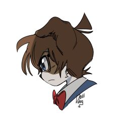 Rule 34 | 1boy, animal, animalization, blue eyes, brown hair, collared shirt, commentary, deviidog0, dog, edogawa conan, english commentary, glasses, highres, looking to the side, meitantei conan, necktie, no humans, portrait, red necktie, shirt, short hair, simple background, solo, white background