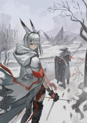 Rule 34 | 1boy, 1girl, absurdres, animal ear fluff, animal ears, arknights, armband, bare tree, black gloves, black thighhighs, coat, dagger, day, father and daughter, footprints, frostnova (arknights), gloves, grey eyes, grey hair, grey sky, hair ornament, hair over one eye, hairclip, highres, holding, holding dagger, holding knife, holding polearm, holding shield, holding weapon, hood, hood down, hooded coat, knife, looking at viewer, looking back, natsuba002, open clothes, open coat, originium (arknights), outdoors, patriot (arknights), polearm, rabbit ears, rabbit girl, reunion logo (arknights), scar, scar on face, scar on nose, shield, sky, snow, solo focus, thighhighs, tree, weapon, white coat, wind, winter