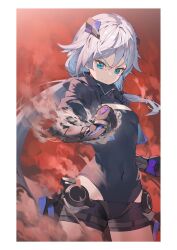 Rule 34 | 1girl, black gloves, black jacket, black shirt, black shorts, blue eyes, blue headwear, breasts, clenched hand, closed mouth, fighting stance, fu hua, fu hua (shadow knight), gloves, grey hair, hair between eyes, highres, honkai (series), honkai impact 3rd, jacket, johnny-chan, long hair, open clothes, open jacket, red background, scarf, shirt, short shorts, shorts, small breasts, solo, standing, upper body, v-shaped eyebrows