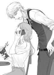 Rule 34 | 1boy, 1girl, ear piercing, faceless, faceless female, formal, from side, greyscale, hand on own hip, highres, holding, leaning forward, looking down, looking up, male focus, monochrome, necktie, nyub, open mouth, piercing, sanzu haruchiyo, scar, scar on face, simple background, sleeves rolled up, striped clothes, suit, tokyo revengers, vest, white background, wolf cut