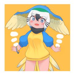 Rule 34 | 1girl, bird girl, bird tail, bird wings, black hair, black scarf, blonde hair, blue-and-yellow macaw (kemono friends), blue eyes, blue hair, blue sweater, blush, bracelet, cowboy shot, dress, green hair, hair between eyes, head wings, highres, jewelry, kemono friends, long sleeves, looking at viewer, multicolored hair, nyctereutes, open mouth, scarf, short hair, sidelocks, smile, solo, sweater, sweater dress, tail, two-tone sweater, white hair, wings, yellow sweater